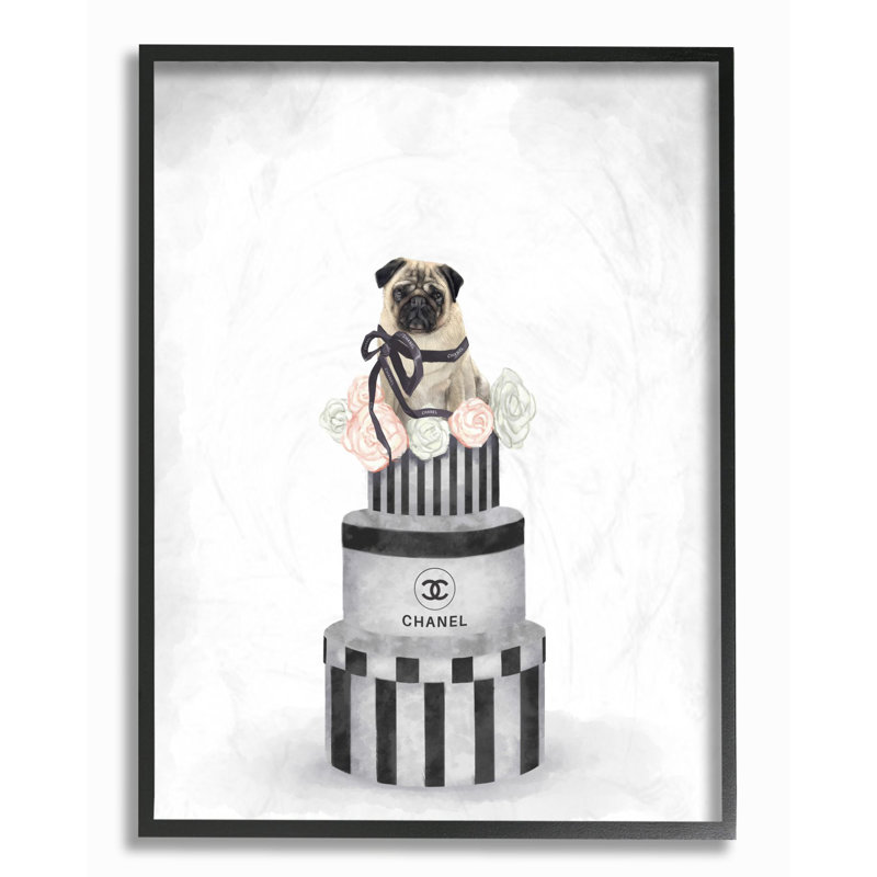 «Fashion Box Stack Pet Dog Pink Grey», impression, H 20 po x l 16 po, Giclée encadrée noir minuit