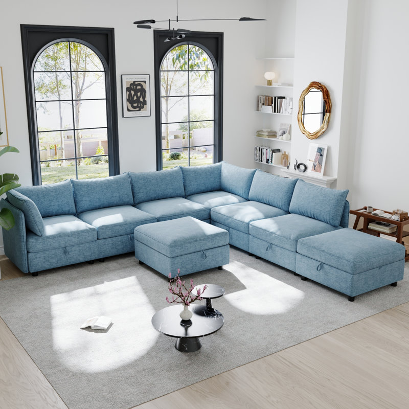 Modulaires spacieux avec rangement, tissu chenille, bleu antique, pour les espaces de vie modernes