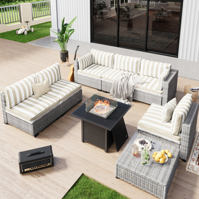 No-Assembly Chairs, 6-Person Patio Furniture Set Durable Wicker Outdoor Sectional Seating Group Outdoor Conversation Sofa With Fire Pit（Included Blue Cushion Covers）