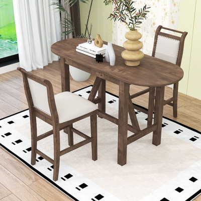 3-Piece Wood Counter Height Drop Leaf Dining Table Set with 2 Upholstered Chairs