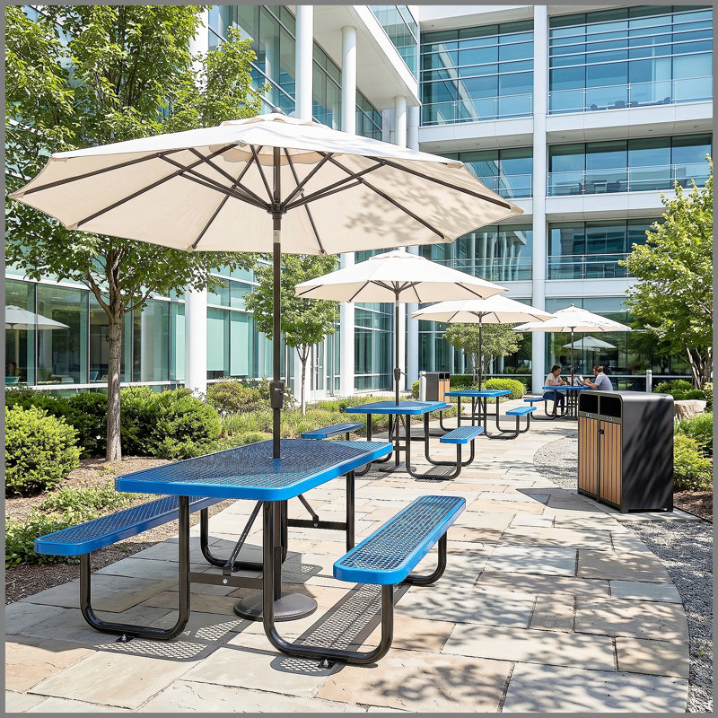 Ensemble de table longue et de chaises bleues avec trou pour parasol 6 pi