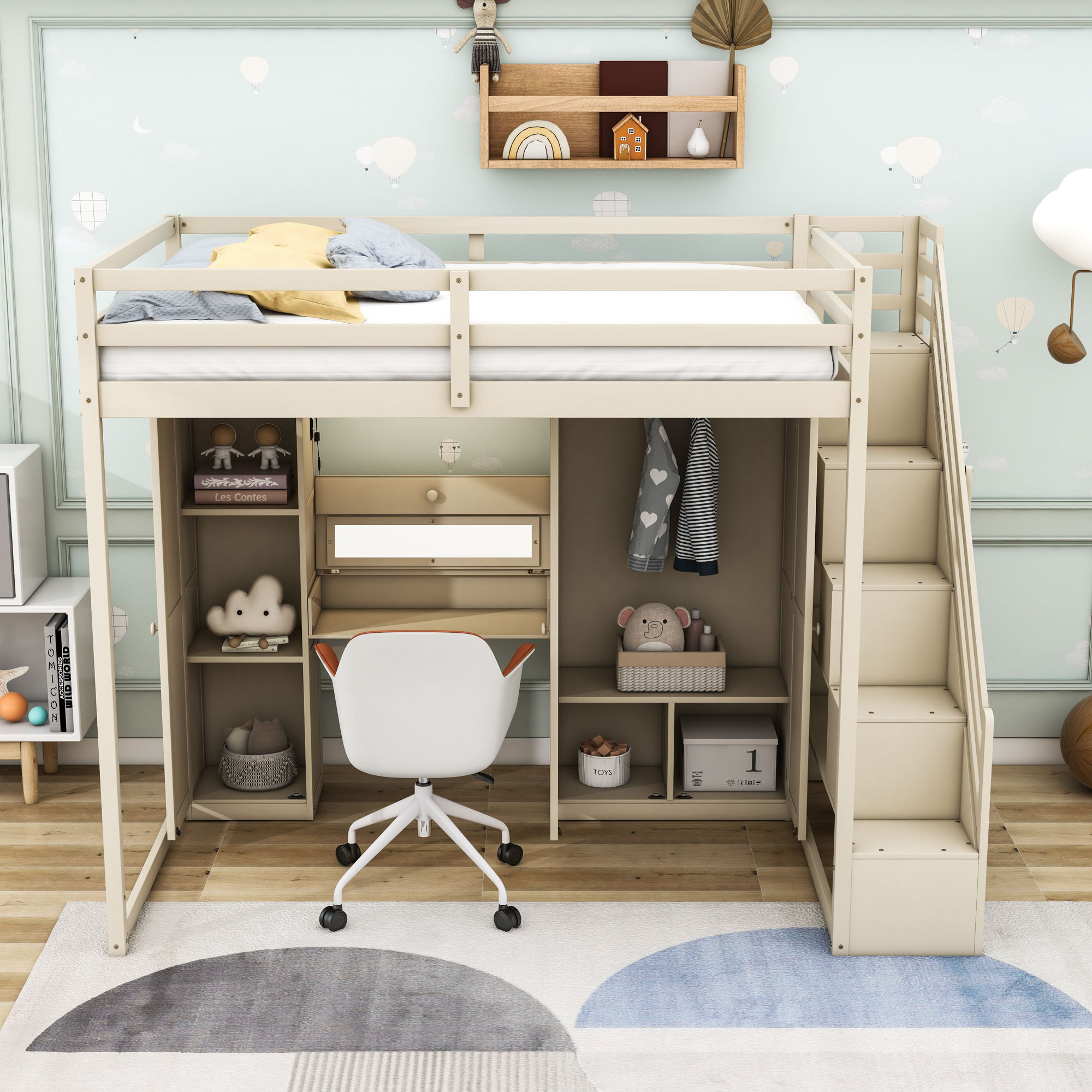 Harriet Bee Full Wooden Loft Bed with USB Ports and Staircase Storage ...