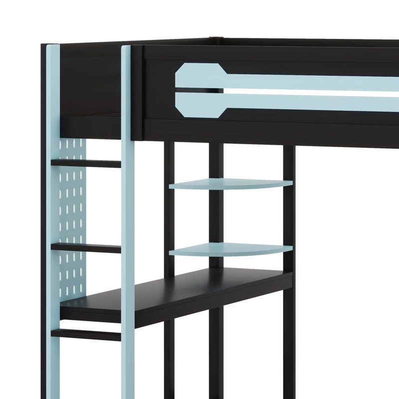 Full Size Loft Bed With Desk, Open Wardrobe And RGB Lighting, Red Gaming Bed With USB Ports And Shelves, Blue
