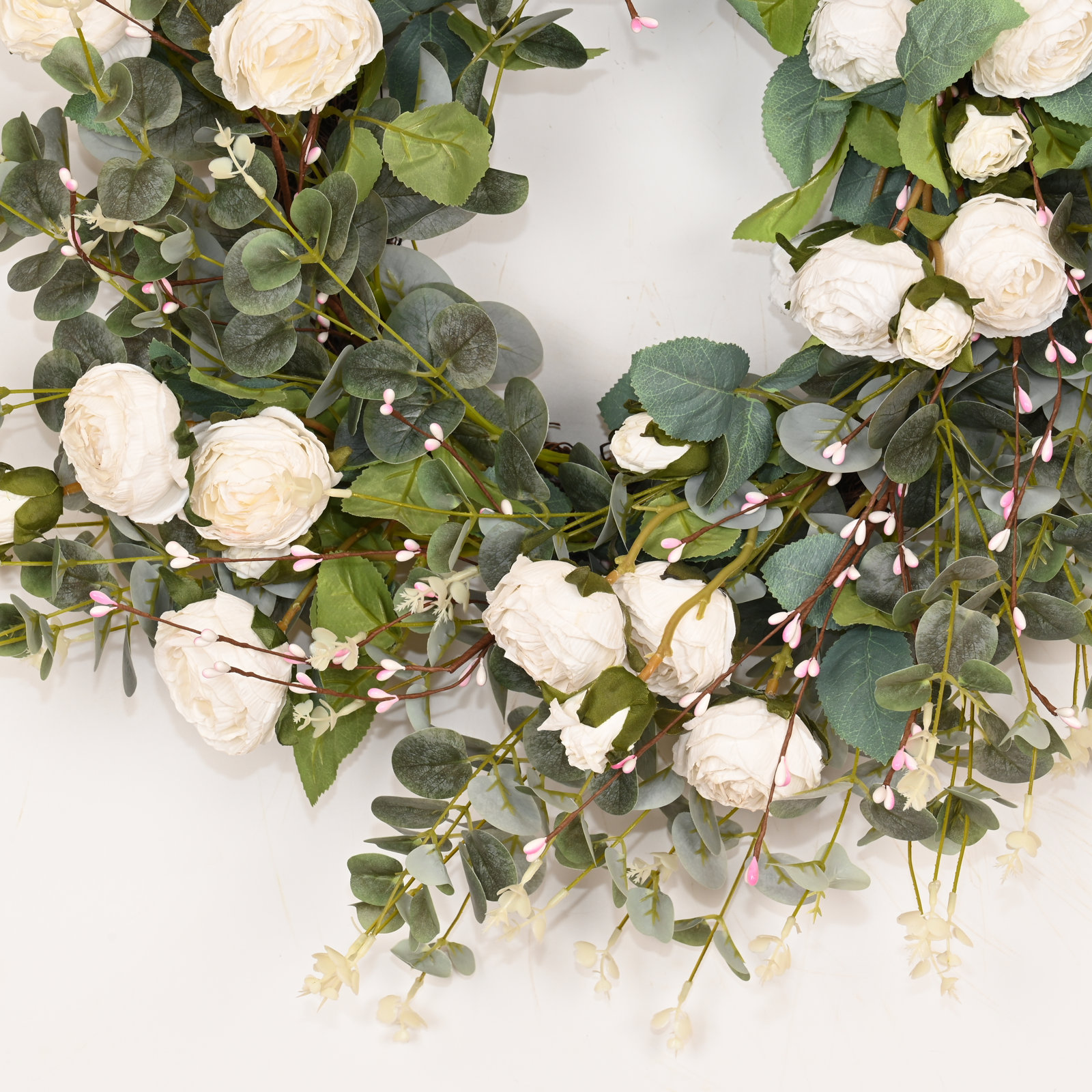 26" Handcrafted Eucalyptus Rose No Holiday Wreath, White