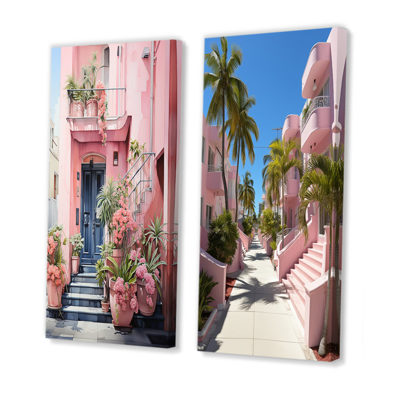 «Pink Miami Artful Facades», 2 pièces roses, H 40 po x l 40 po, Toile tendue