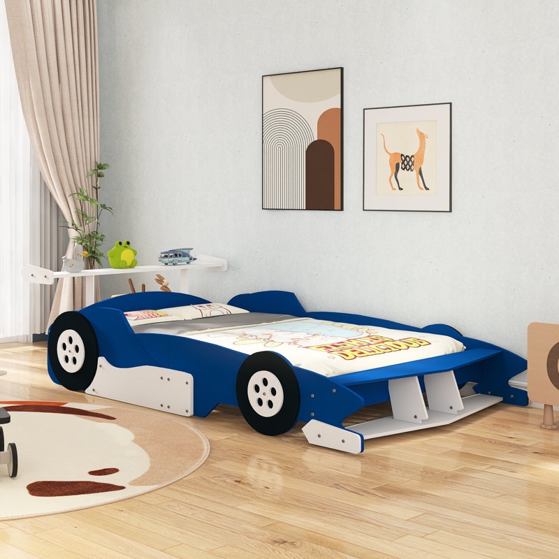 Full Size Race Car-Shaped Platform Bed With Wheels, Blue, Full