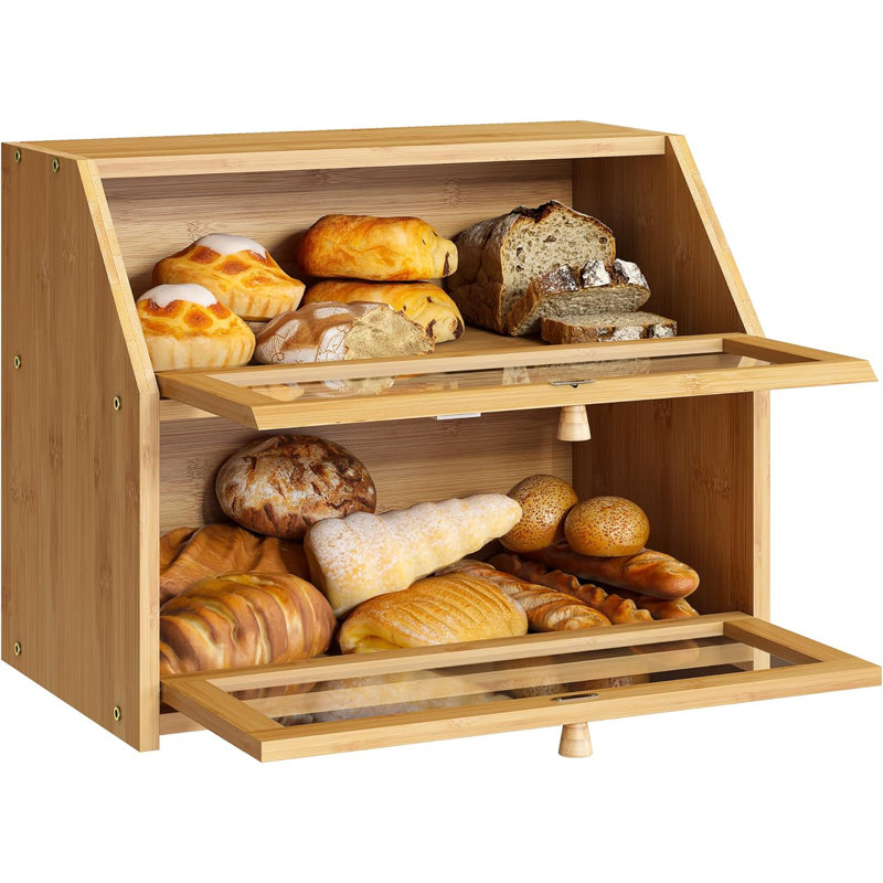 Bread Storage Farmhouse Bread Box For Kitchen Countertop Bread Container With Clear Window Breadbox Double Layer Bamboo Extra Large Capacity Bin Kitchen Food Storage Container(Natural)
