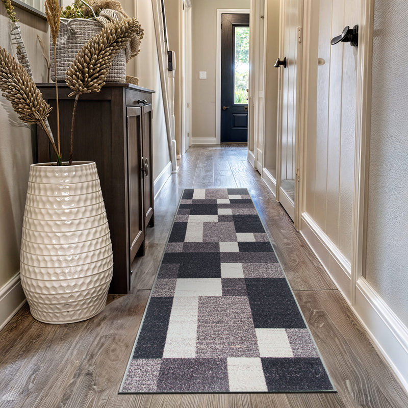 Akieba Geometric Tufted Gray/Black/Ivory Non-Slip Rubberback Area Rug, Runner 2'7" x 12'