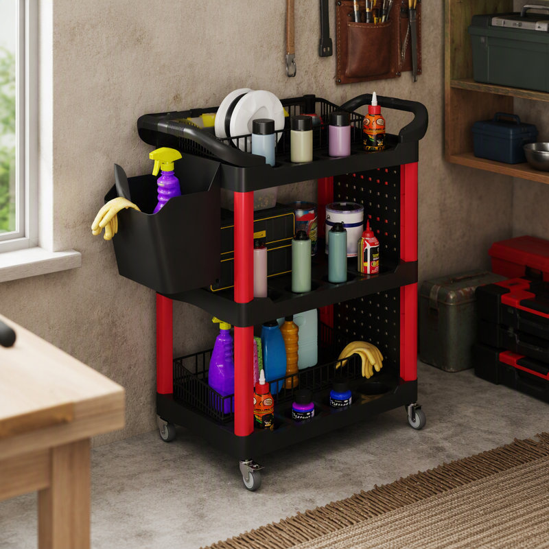 Chariot de service à 3 niveaux sur roues, capacité de 90 kg, rangement d'outils roulants en plastique avec panneaux perforés et seau pour garage et atelier, noir et rouge