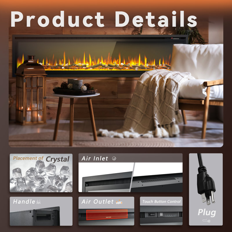 Electric Fireplace Insert With Remote Control,adjustable Flame And Ember Bed Colors,low Noise,overheating Protection, Black