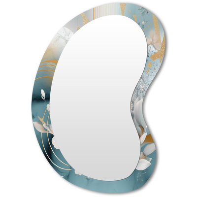 Blue Marble Gold Floral Impressions III - Floral Asymmetrical Unique Wall Mirror, Traditional Freeform Mirror, Printed Metal Art