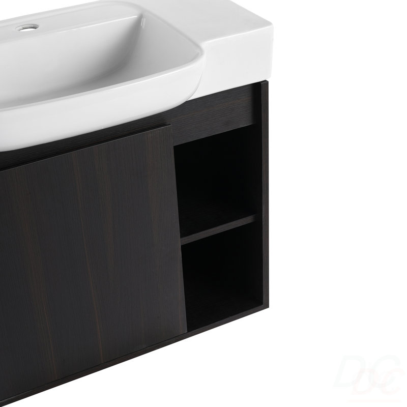 Meuble-lavabo mural 28 po avec lavabo en céramique blanche et porte à fermeture en douceur, emballage KD, Chêne foncé, 27"