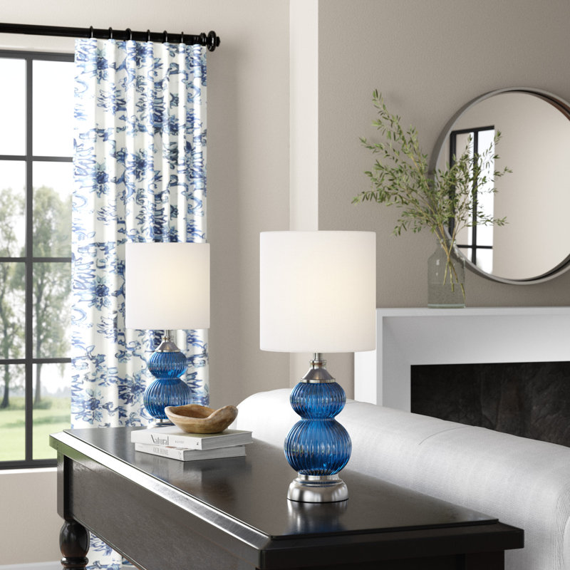 Ramona Table Lamp, Sapphire Blue Seeded Glass/Brushed Nickel, White