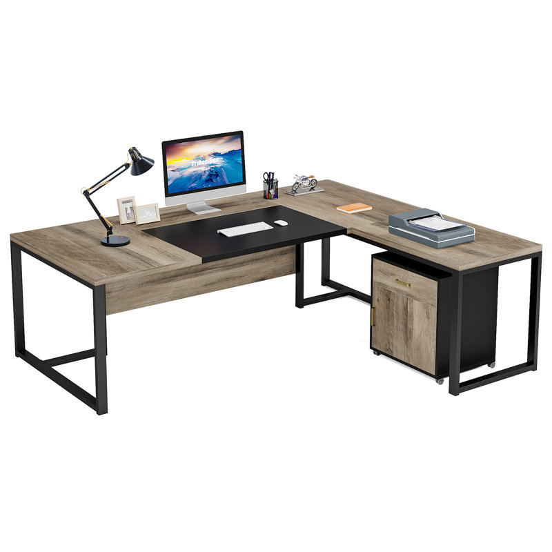 Trisca 70.8" W L-Shaped Executive Desk with Storage Cabinet, Gray