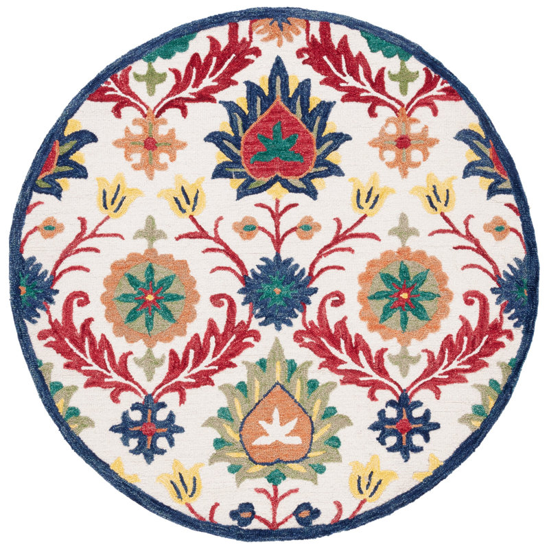Blossom Hand Tufted Wool/Cotton Oriental Rug in Orange/Ivory/Green, Round 6'