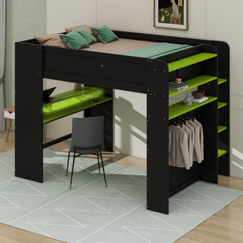 Lit superposé double en bois pleine grandeur avec bureau à hauteur réglable, garde-robe et lumière RVB, Vert