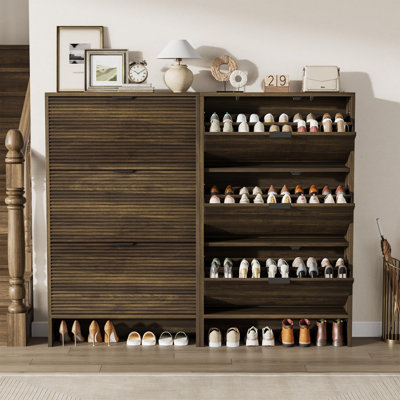 32" Fluted Shoe Cabinet with 3 Flip Drawers – Tall Freestanding Hidden Rack for Entryway, Hallway or Living Room