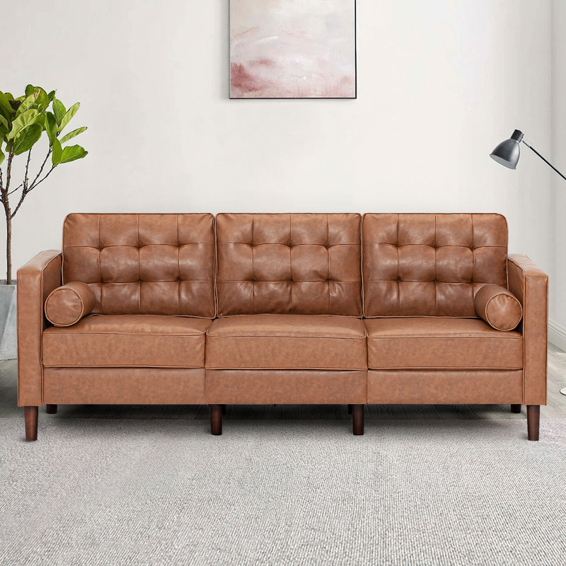 Mandile Faux Leather Sofa, Cognac Tan Faux Leather, 34'' H x 84'' W x 32'' D, 3