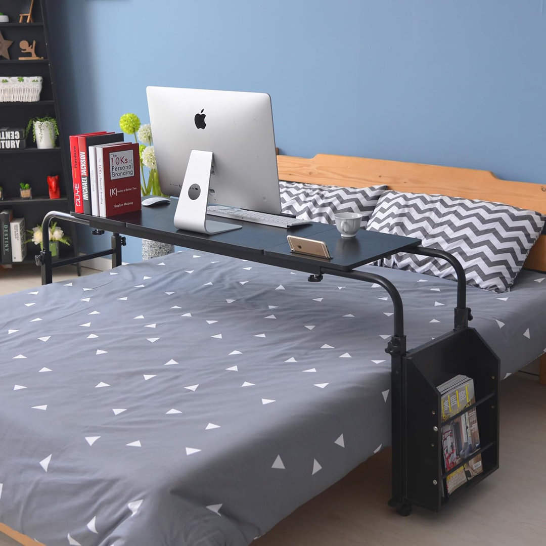 Overbed Table with Wheels - 31.5" Laptop Desk Cart, Adjustable Height (24"-35") & Length (32"-47"), 5-Setting Tilt Board, 350LBS Solid Wood/Steel, Cro