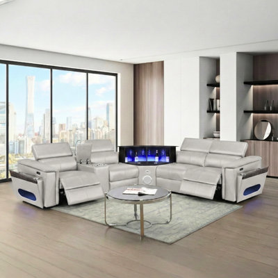 Canapé modulaire contemporain avec 2 réglages de puissance, appuis-tête réglables, charge sans fil, haut-parleur, barre à DEL, rangement et console optionnelle en quatre choix de couleurs