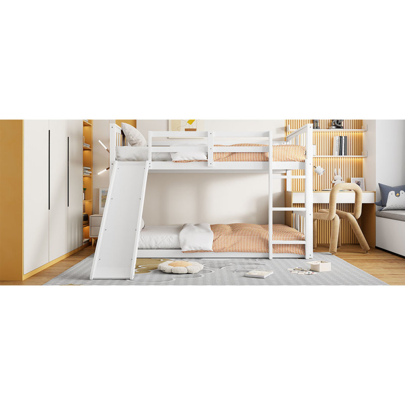Twin Over Bunk Bed In White With & Slide - And Elegant Thrilling Sliding Adventure Secure Bedroom Excitement