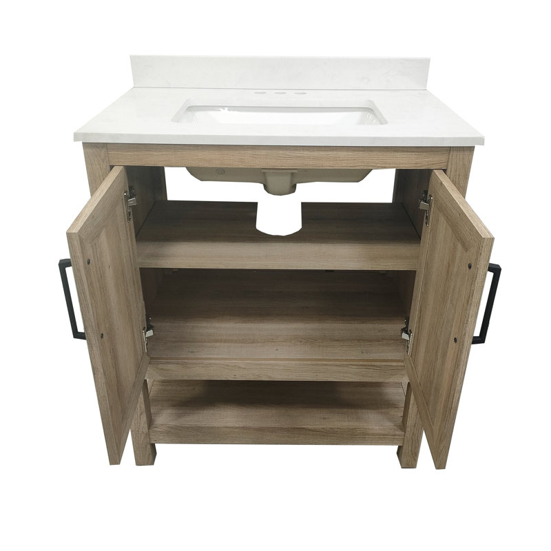 Ajmer 30'' Free-standing Single Bathroom Vanity with Undermount Sink and Open Storage Shelf, Matte Black, Brown
