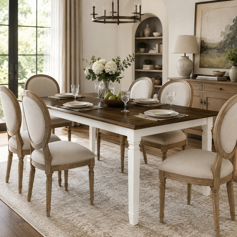 Table de salle à manger extensible Vonnie 59"-77" pour 4 à 6 personnes, table de cuisine rectangulaire en placage de chêne avec pieds en hévéa massif, style ferme moderne