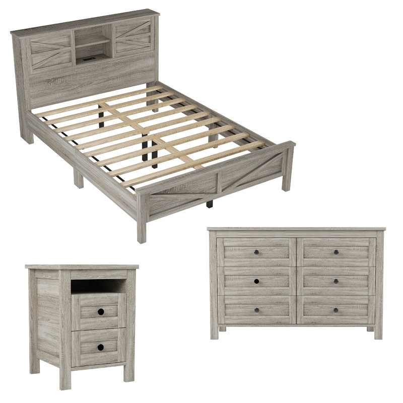 Farmhouse Bedroom Set, 3 Piece Bedroom Set with Charging Station, Queen, Antique Gray