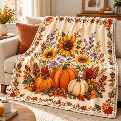 Plaid douillet d'automne à motifs citrouille et tournesol, couverture décorative en molleton doux pour canapé, fauteuil, chambre, salon, décoration intérieure