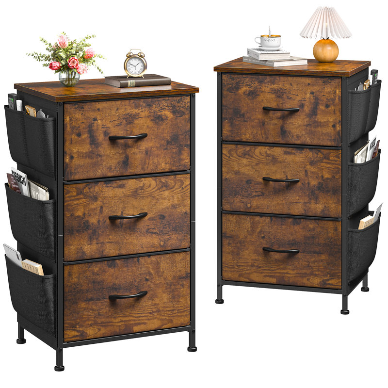 Night Stand With 3 Drawers For Bedroom, Bedside Table With Wooden Top, Sturdy Steel Frame End Table, Small Dresser For Bedroom, Living Room