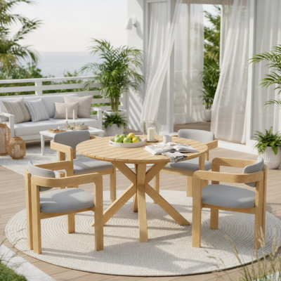 5 - Piece Patio Dining Table Set, Acacia Wood, Umbrella Hole Design, Contemporary Minimalist, Outdoor