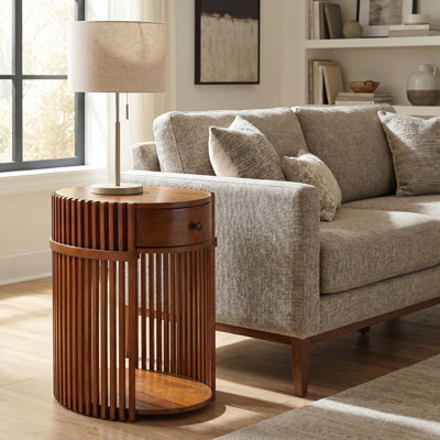 Estie Wood Slatted Chairside End Table With Charging Station