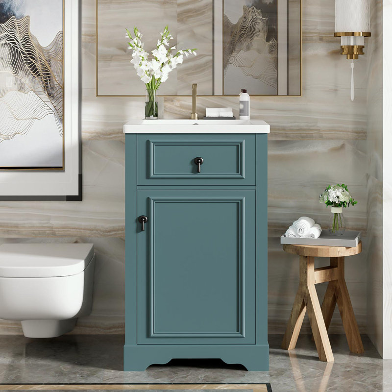 Meuble-lavabo de salle de bain avec lavabo en céramique, tablette réglable et support de rangement fixé à la porte, Vert