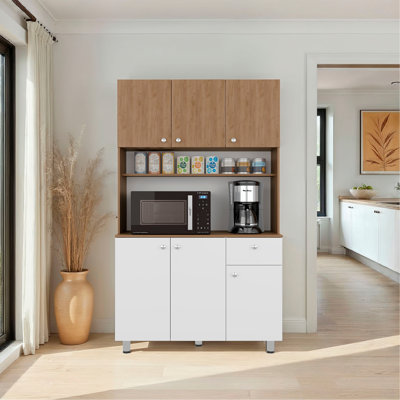 Armoire de cuisine Dread avec étagère à micro-ondes et 3 compartiments, chêne naturel et blanc