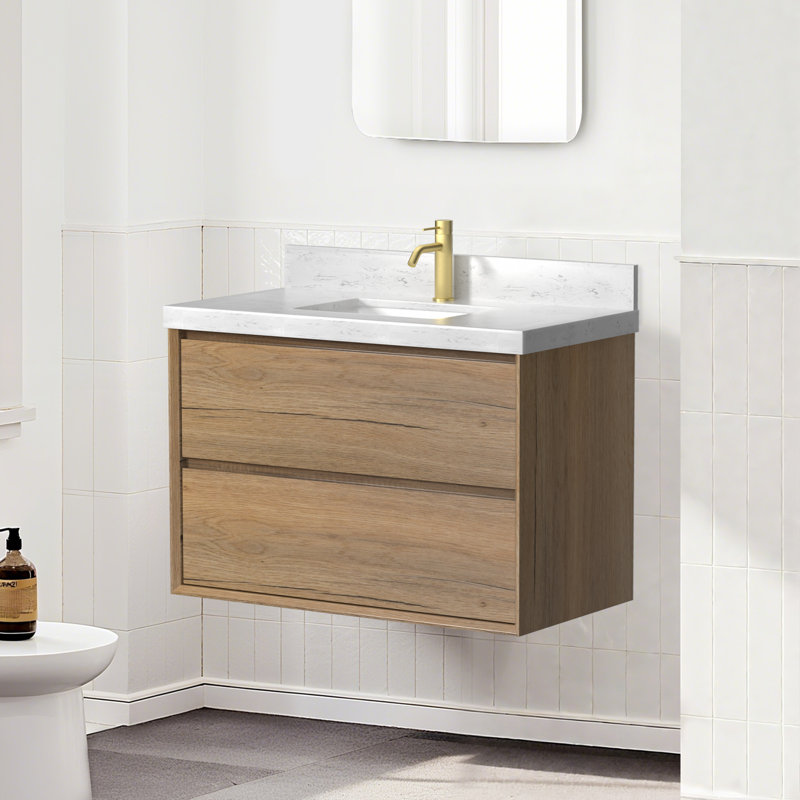 Meuble-lavabo flottant avec lavabo Tiberiu, Chêne naturel, 36"