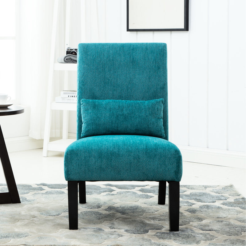 Chaise en tissu de chenille bleu sarcelle avec coussin décoratif pour un look luxueux, abat-jour, pieds en bois massif
