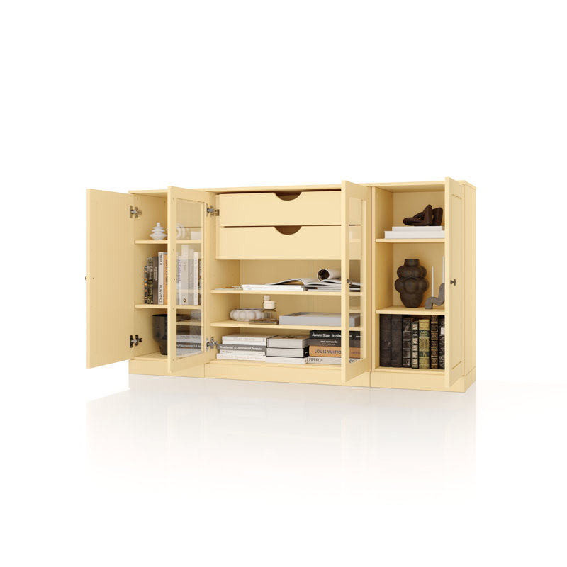Buffet 100% bois massif 65 po avec portes en verre massif et transparent, 2 tiroirs et tablettes réglables, Yellow