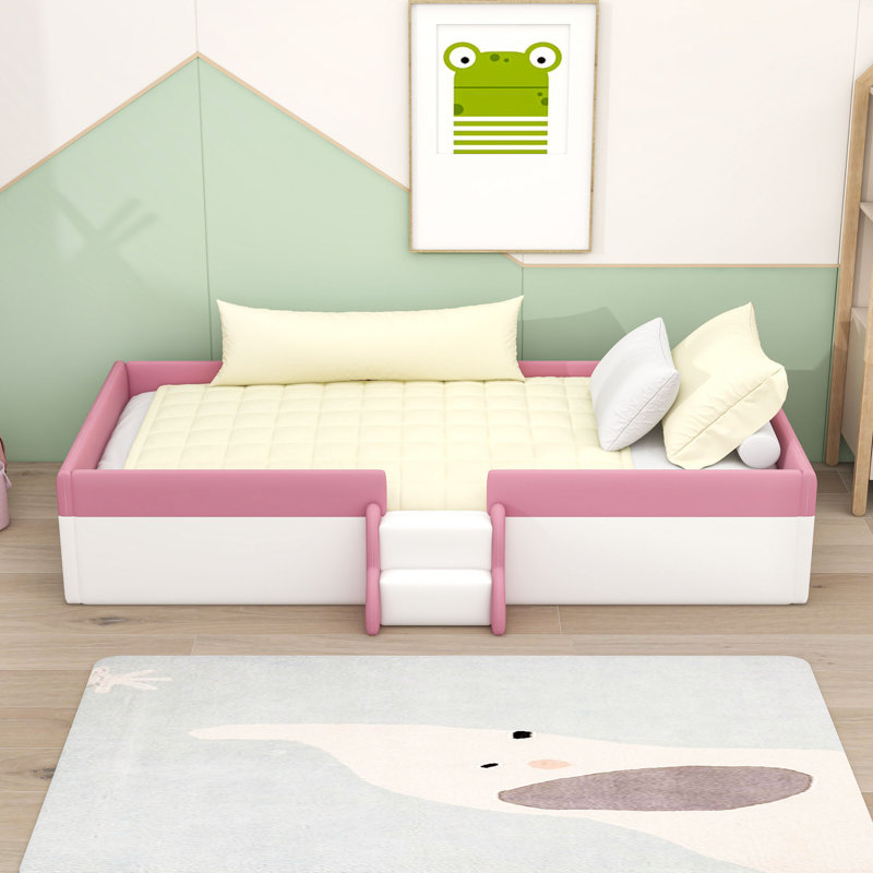 Upholstered Daybed with Staircase and Safety Fence, Twin, White Pink
