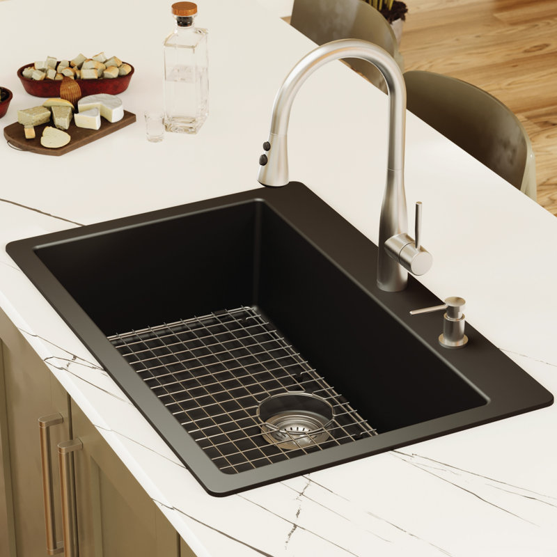 Karran Quartz 33'' X 22'' Large Single Bowl Drop-in Kitchen Sink With Bottom Grid and Strainer, Black