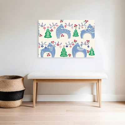 Scandinavian Christmas Reindeer Vintage Whimsical Abstract Deer Winter Landscape Wall Art Print 1 Piece Wrapped Canvas Wall Art