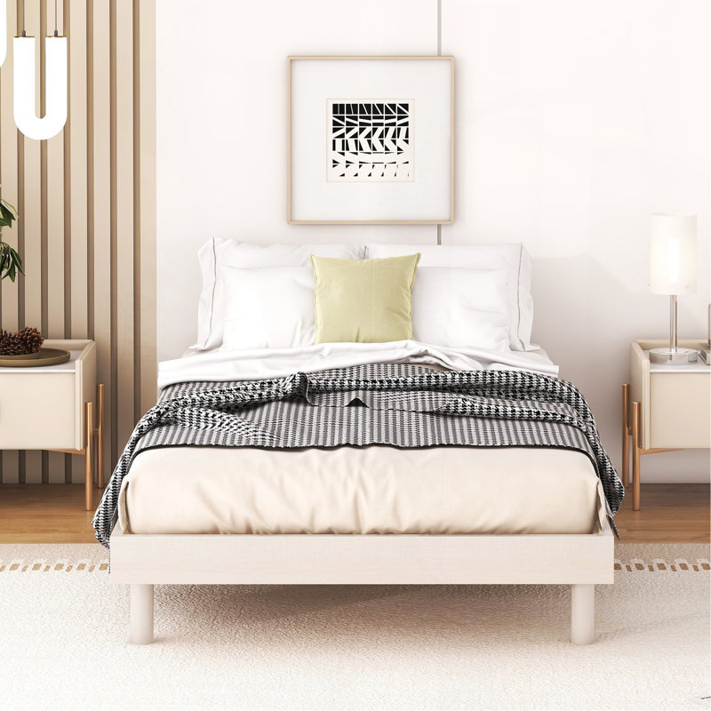 Cadre de lit plateforme flottant de conception moderne pour lit blanc délavé, Lit simple, White Washed