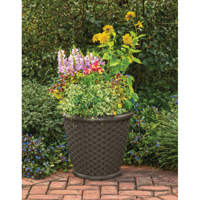 Indoor/Outdoor Lightweight Resin Wicker Design Flower Planters with Drillable Drain Hole, 16" H x 18" W x 18" D