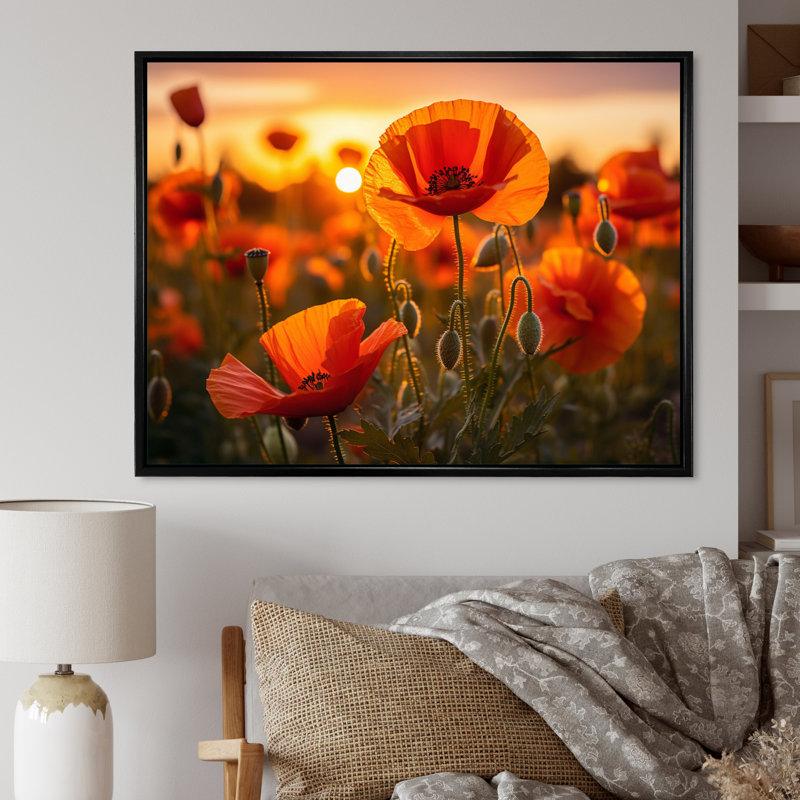 «Red Poppies Field With Sunset I», reproduction sur toile, Cadre flottant noir, H 16 po x l 32 po x P 1 po