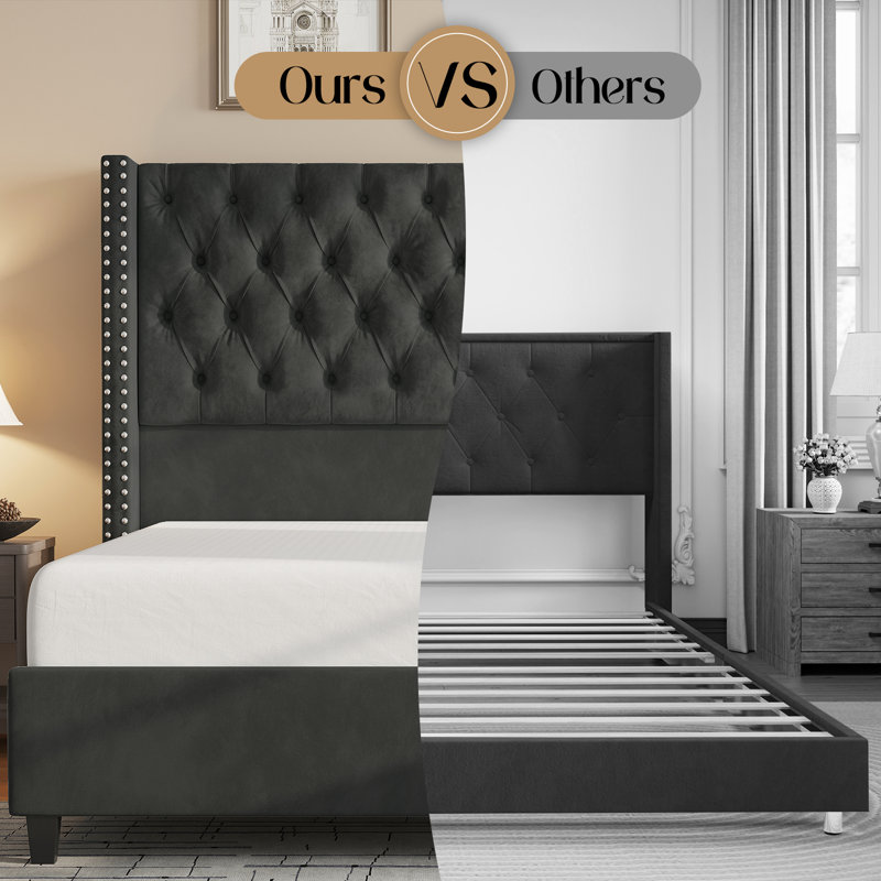 Black Velvet Queen Bed Frame with Tufted Upholstered Headboard