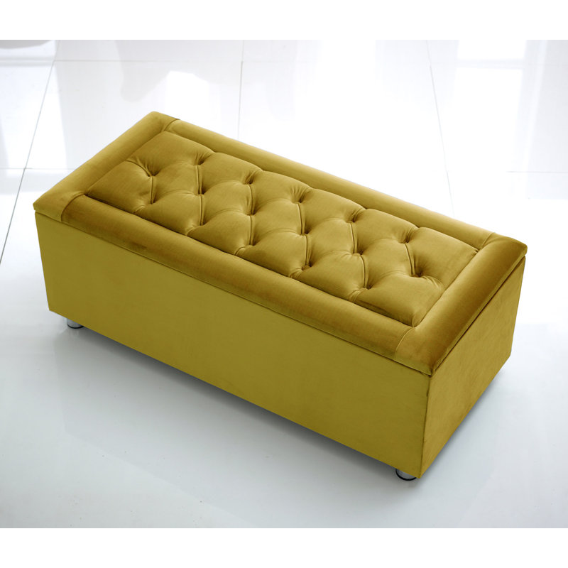 Carthel 105 cm W Velvet Tufted Rectangle Ottoman with Storage, Gold