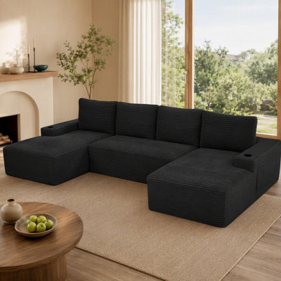 Canapé d'angle modulaire moderne en forme de U de 133,4 po, sans ossature apparente, avec méridienne profonde et assise rembourrée en velours côtelé, idéal pour le salon. Aucun assemblage requis.