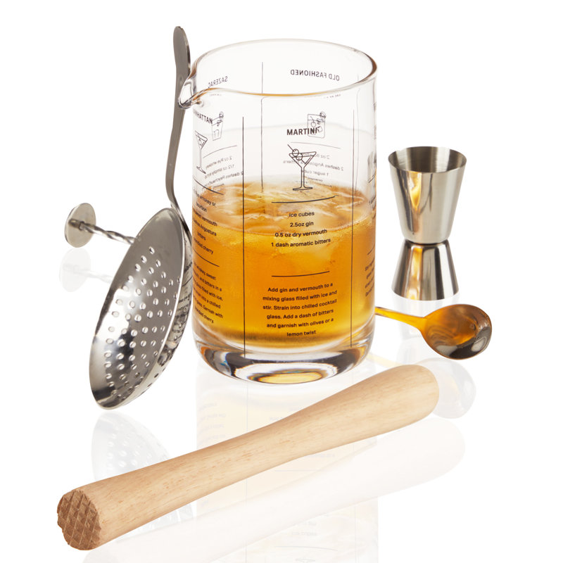 True Mixologist 5-Piece Stainless Steel, Wood, and Glass Cocktail Set
