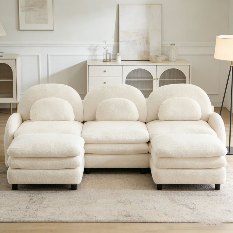 Teddy Fabric Cloud Sofa,Curved Backrest and Armrest with Curved Lumbar Pillows, Beige White+3Seat+2Ottoman