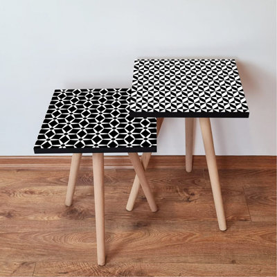 Modern Nesting Table Set (2 Pieces), Black & White Geometric Design, 13.8 x 18.5 x 13.8 in | 100% MDF with Beech Wood Legs, Elegant & Space-Saving Solution for Living Room & Office, Stylish & Functional Decor
