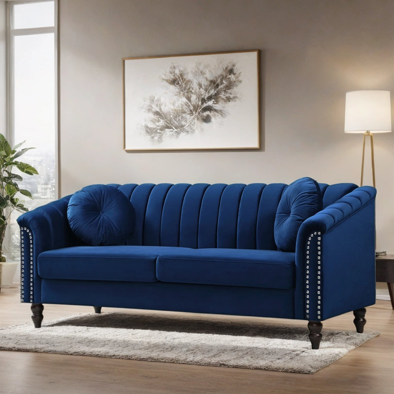 75" Upholstered Classic Chesterfield Sofa, Blue